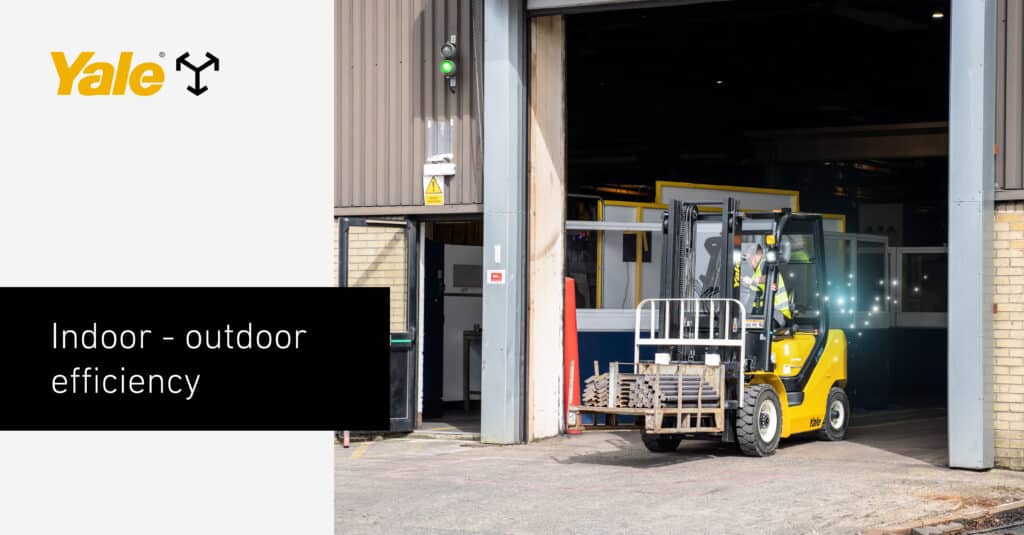 Yale electric reach truck moving items in and out of the warehouse