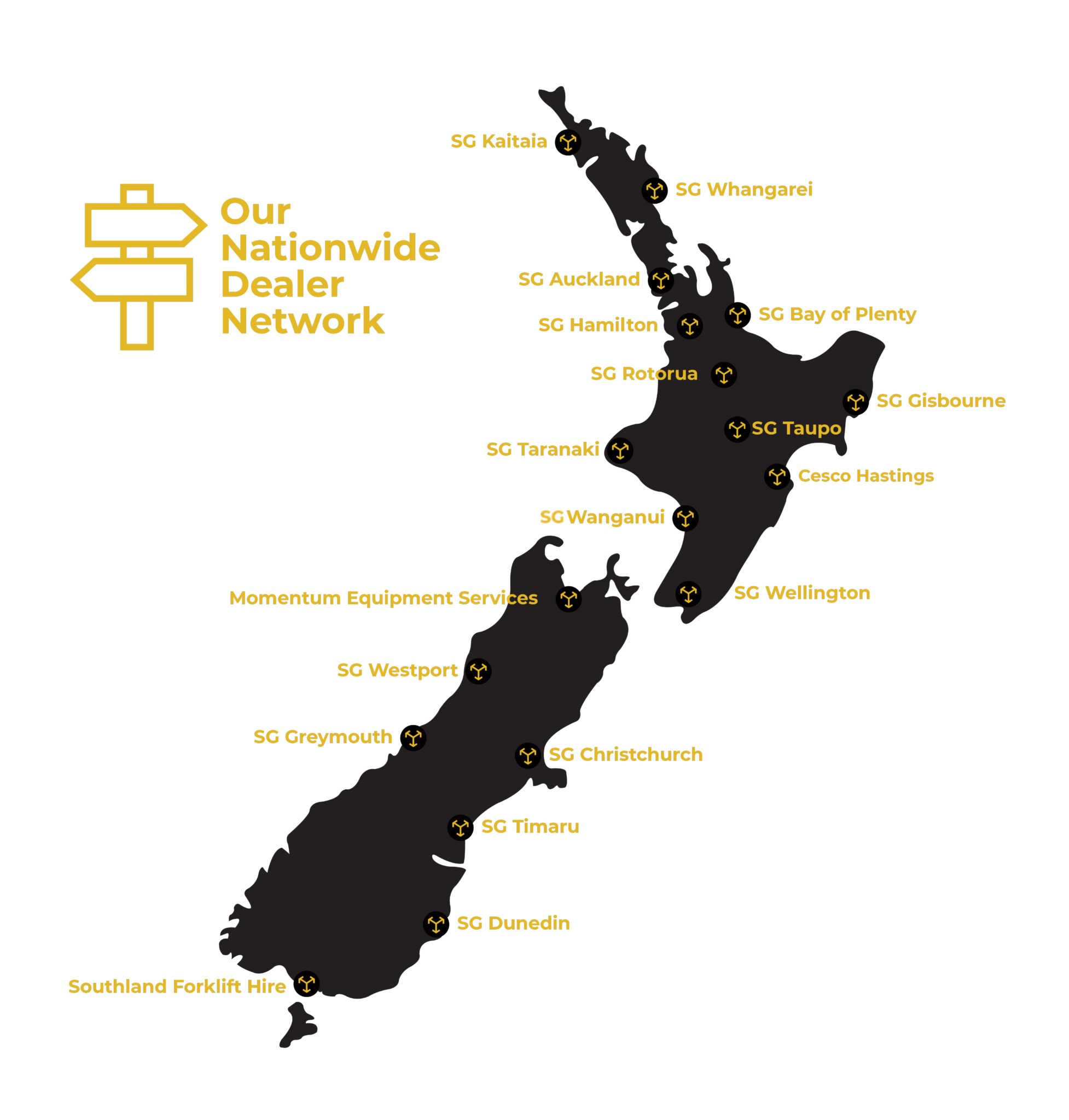 SG Equipment service dealer locations across New Zealand