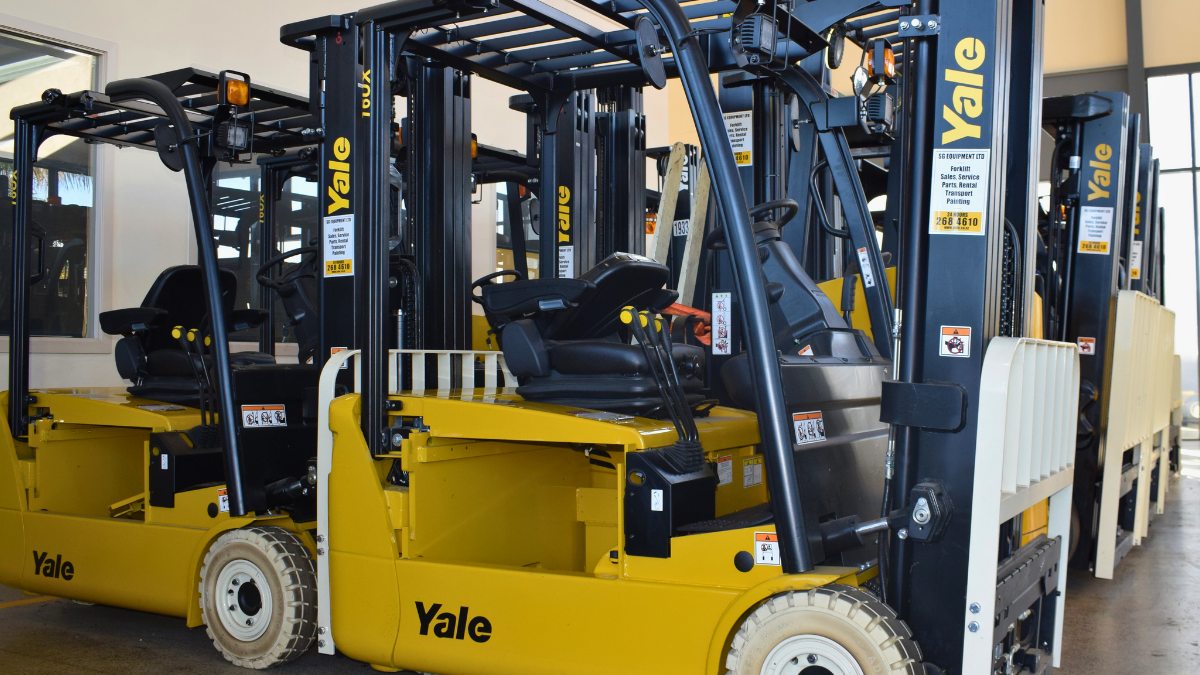Yellow Yale forklifts ready to be leased
